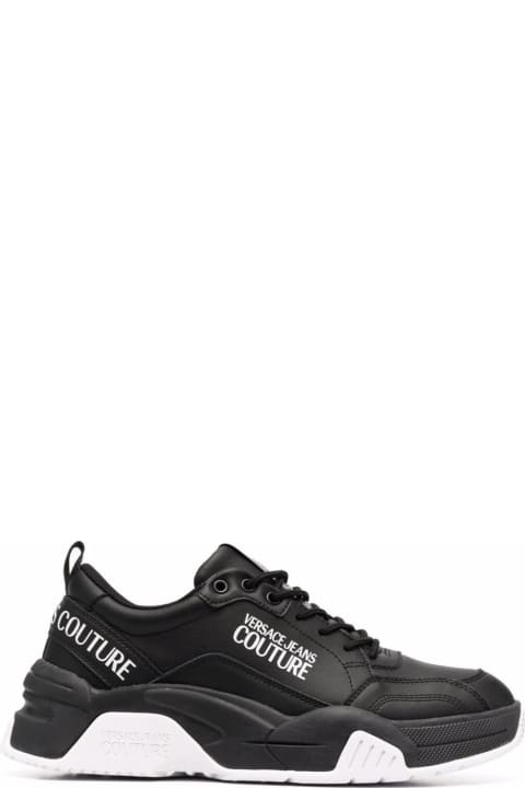Versace Jeans Couture Men's Chunky Black Leather Sneakers  With Logo Print