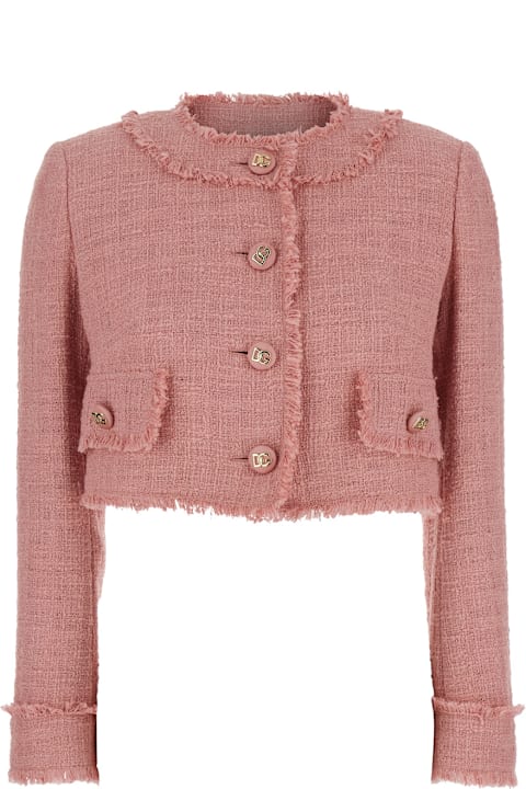 Dolce & Gabbana Coats & Jackets for Women Dolce & Gabbana Pink Crop Jacket With Logoed Buttons In Cotton Tweed Woman