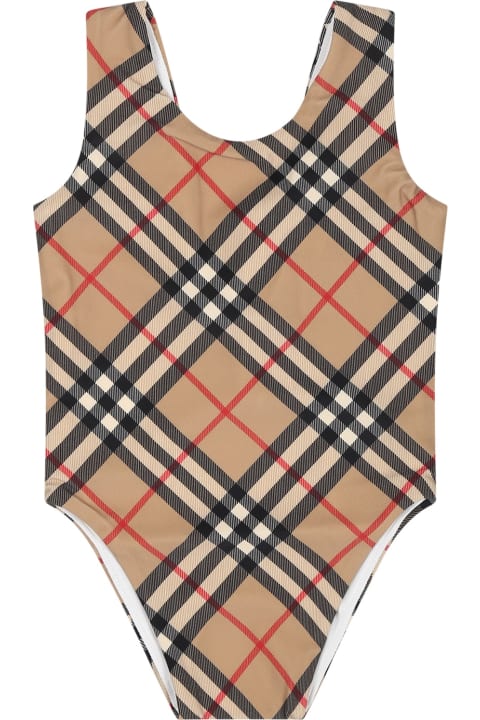 Beige Swimsuit For Baby Girl With Iconic Check