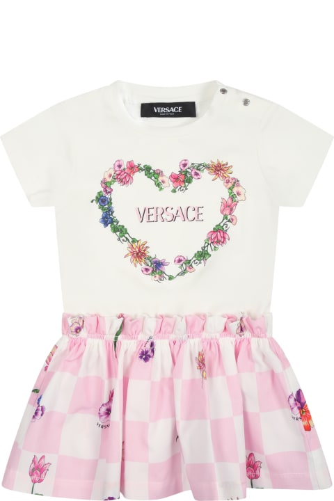 Versace Kids Versace White Dress For Baby Girl With Multicolor Print