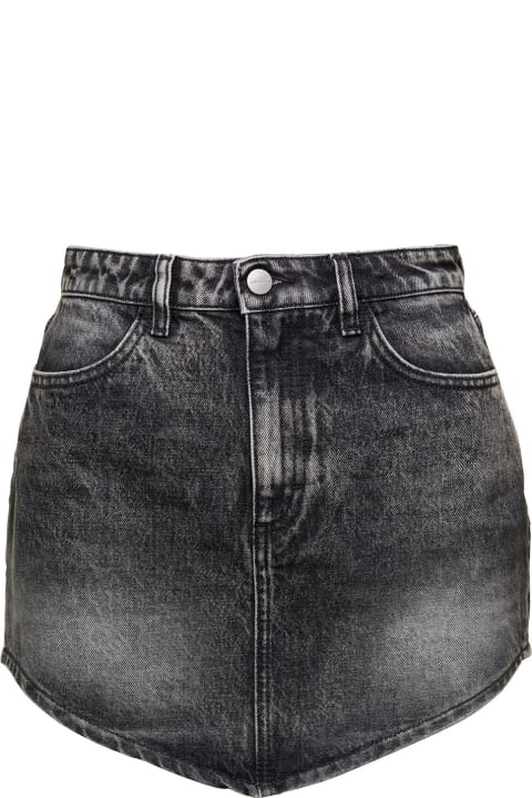Grey Mini-skirt With Logo Patch And Curved Hem In Cotton Denim Woman