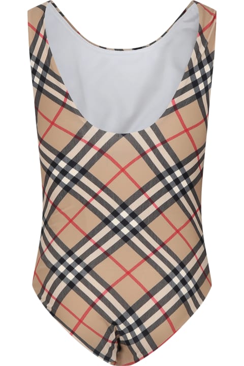 Fashion for Girls Burberry Beige Swimsuit For Girl With Iconic Check
