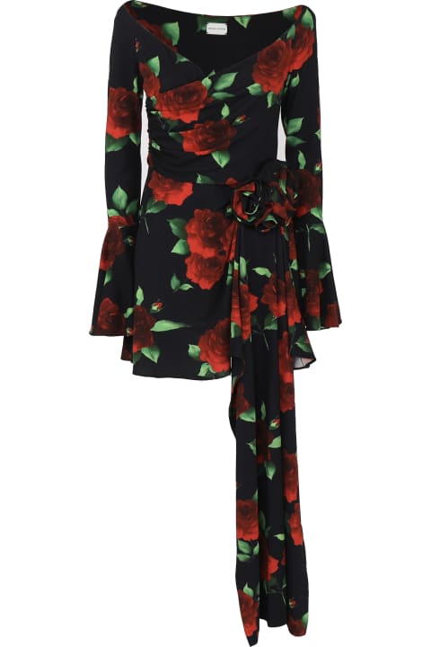 Fashion for Women Magda Butrym Off Shoulder Bell Sleeve Mini Dress In Black Floral Print