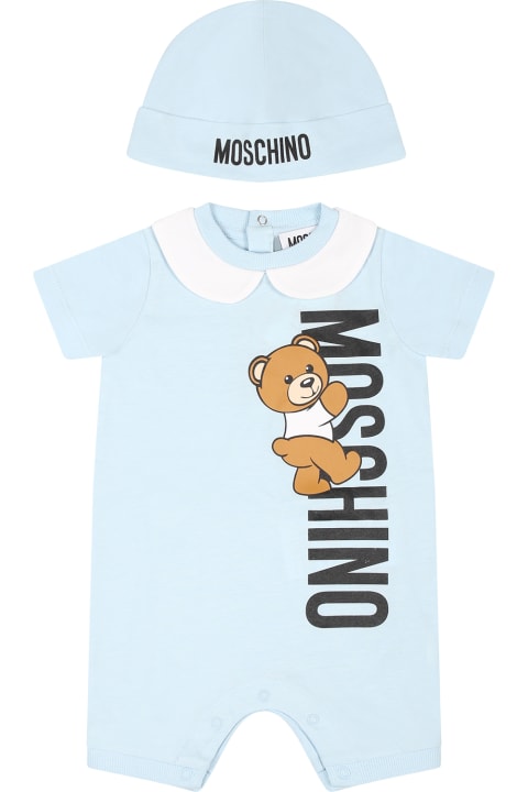Moschino Bodysuits & Sets for Baby Girls Moschino Light Blue Set For Baby Boy With Teddy Bear And Logo