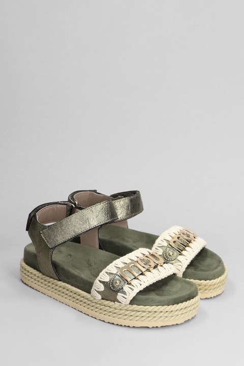 Mou Shoes for Women Mou Rope Bio Sandal Flats In Green Suede And Leather