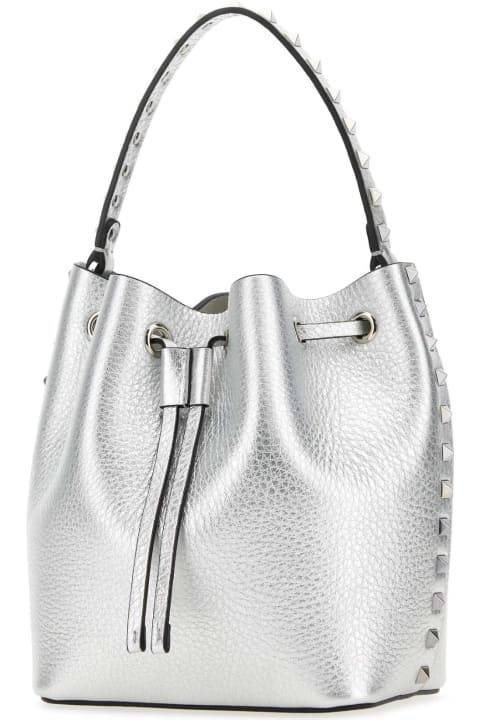 Valentino Garavani for Women Valentino Garavani Silver Leather Rockstud Bucket Bag