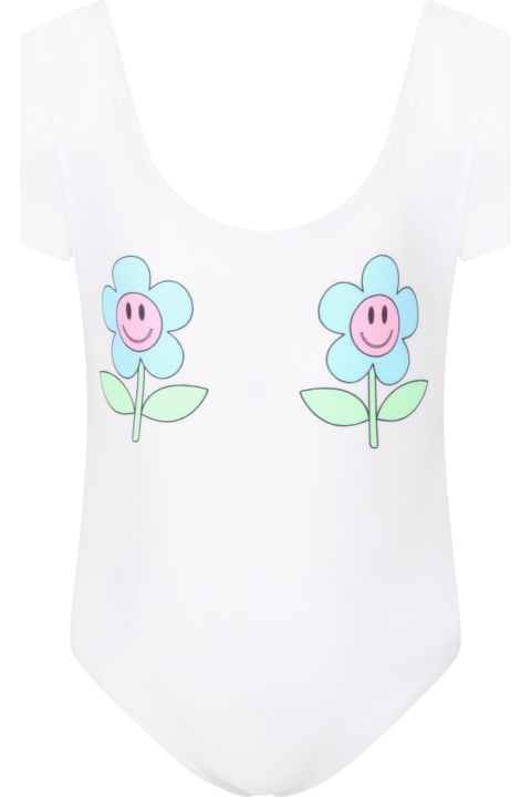 White Swimsuit For Girl With Smiley Flowers