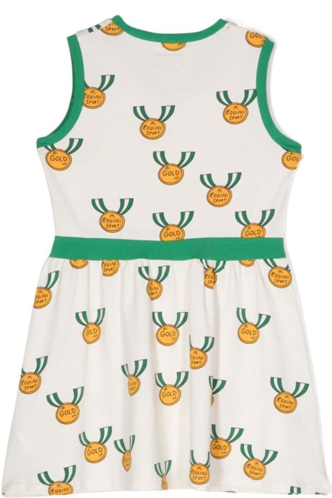 Dresses for Girls Mini Rodini Mini White And Green Dress With All-over Medals Print In Stretch Cotton Girl