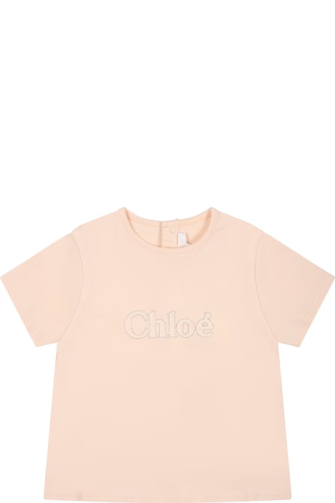 ベビーボーイズ トップス Chloé Pink T-shirt For Baby Girl With Logo