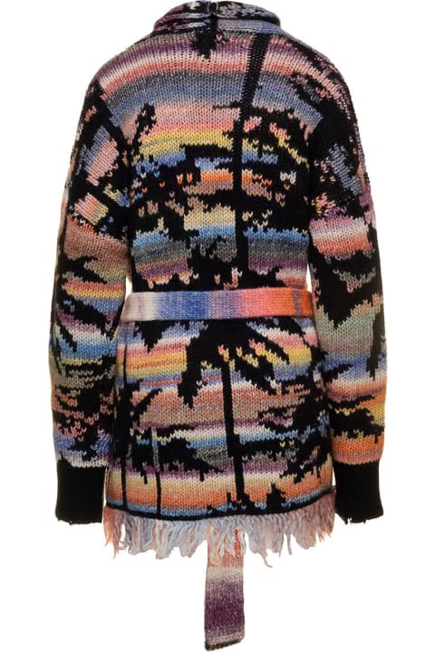 Multicolor Belted Cardigan With Intarsia Palm Motif Woman Laneus