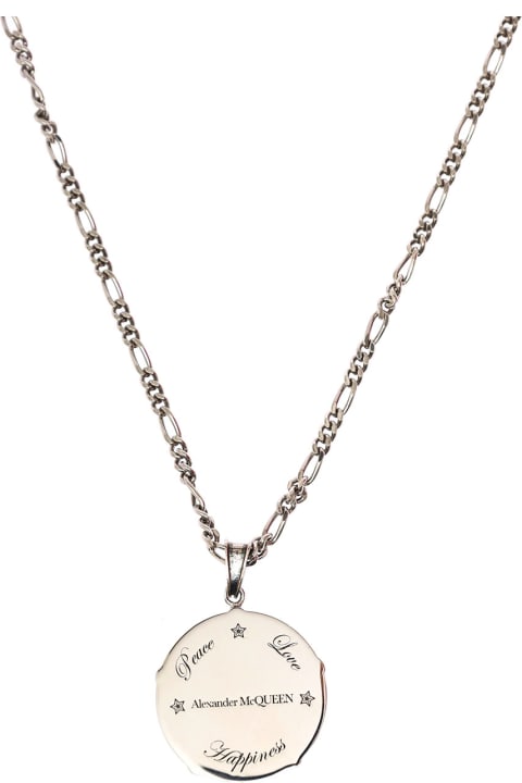 Alexander Mcqueen Man's Silver Metal Necklace With Logo Pendant