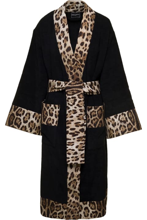 ウィメンズ Dolce & Gabbanaの水着 Dolce & Gabbana Black Kimono Bathrobe With Leopard Trim In Cotton Dolce & Gabbana