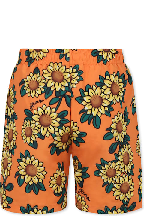 Homeware Kenzo Kids Orange Swim Shorts For Boy With Sunflower Print And Black Logo