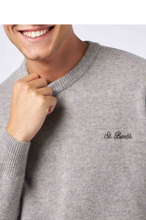Homeware MC2 Saint Barth Man Crewneck Grey Melange Sweater With St. Barth Embroidery