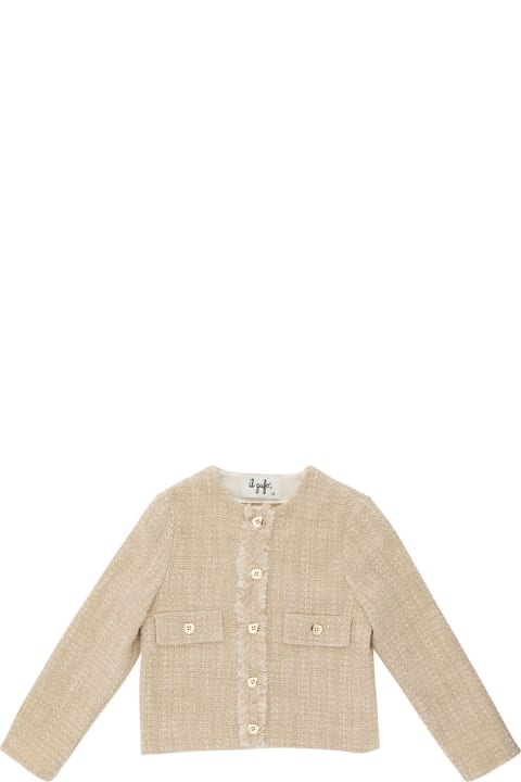Il Gufo Kids Il Gufo Beige Jacket With U Neckline And Buttons In Cotton Blend Tweed Girl
