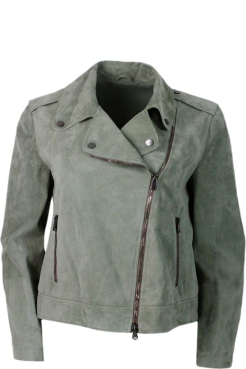 Brunello Cucinelli for Women Brunello Cucinelli Biker Jacket In Precious And Soft Suede With Rows Of Brilliant Monili Behind The Neck