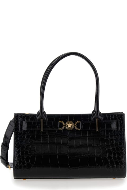 Versace for Women Versace 'medusa 95 Medium' Black Tote Bag With Logo Detail In Croco Effect Leather Woman