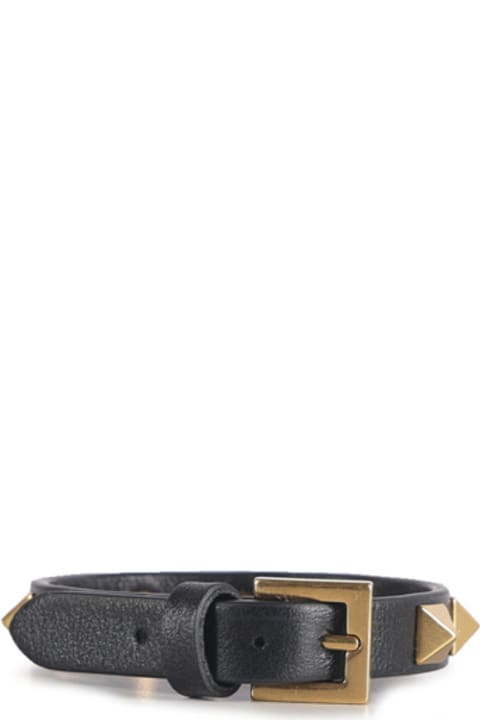 Jewelry Sale for Men Valentino Garavani Black Leather 'rockstud' Bracelet With Gold Studs