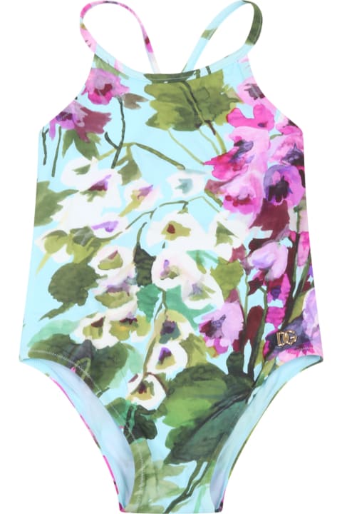 Light-blue Swimsuit For Baby Girl With Cowbellflowers