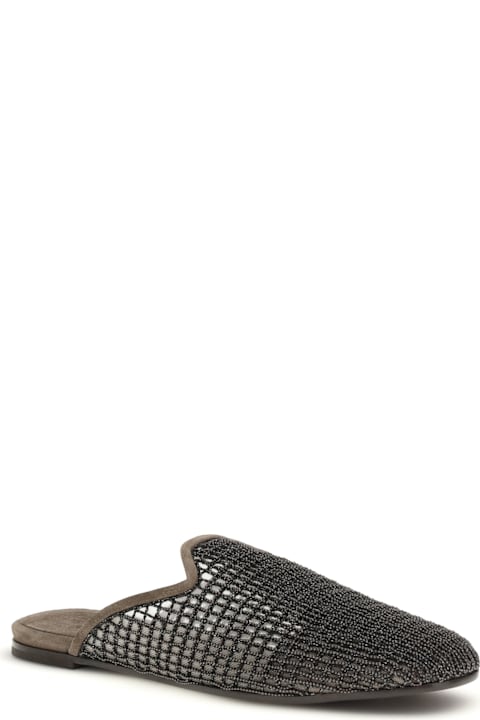 Brunello Cucinelli Suede Mules With Precious Net Embroidery