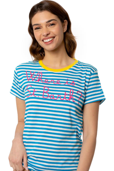 Homeware MC2 Saint Barth Bluette Cotton T-shirt With Where Is St. Barth? Embroidery