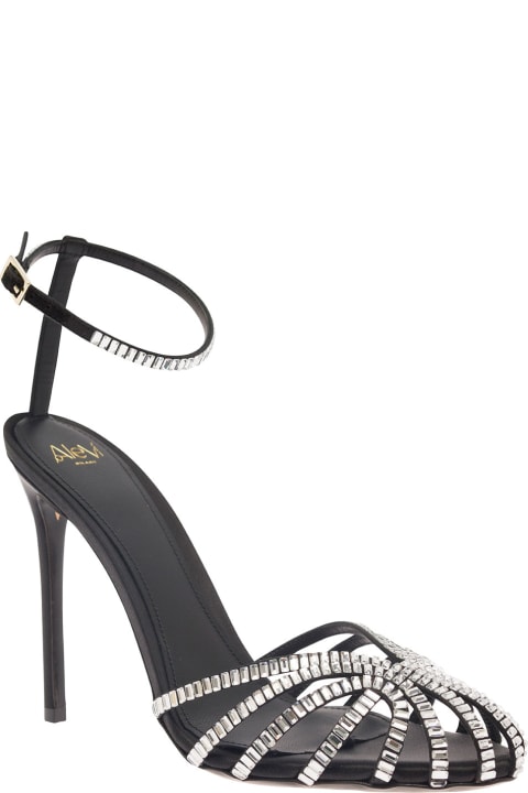 'penelope' Black Sandals With Rhinestone Embellishment And Stiletto Heel In Leather And Silk Woman