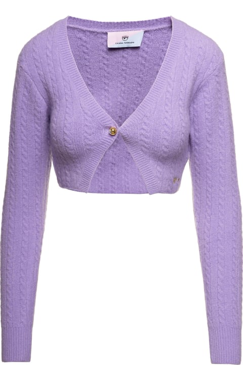Chiara Ferragni for Women Chiara Ferragni Purple Cable-knit Cropped Cardigan With Embroidered Logo In Stretch Wool Blend Woman