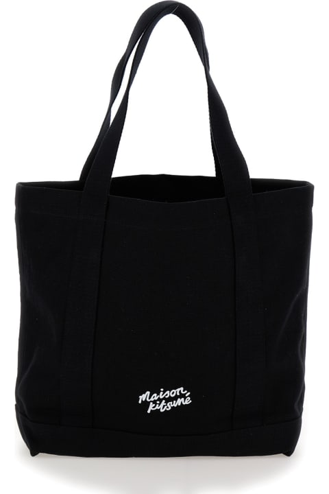 Homeware Maison Kitsuné Black Tote Bag With Fox Head Patch In Cotton Canvas Man