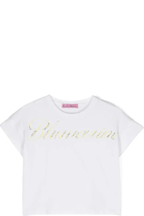 Miss Blumarine T-Shirts & Polo Shirts for Girls Miss Blumarine White T-shirt With Logo Print With Rhinestones