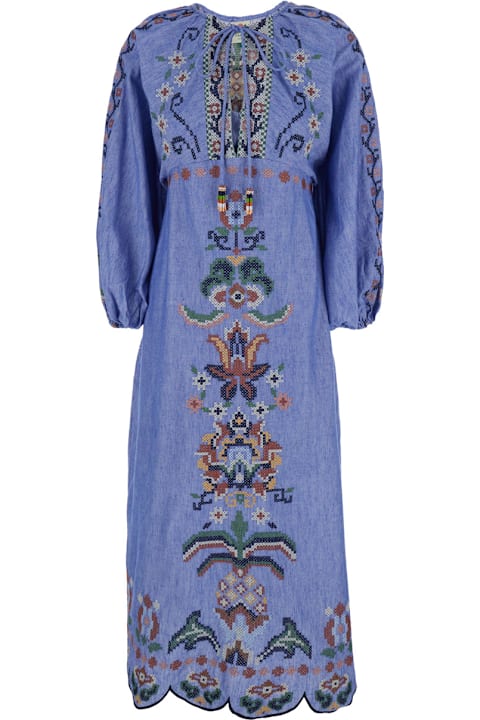 Farm Rio for Men Farm Rio Round Neck Dress With Knot Closure And All-over Embroidery In Blue Fabric For Women