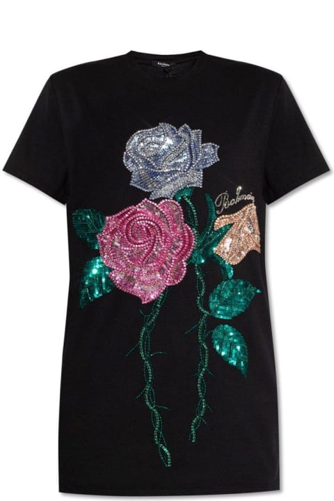 Balmain Sale for Women Balmain Rose Embellished Crewneck T-shirt