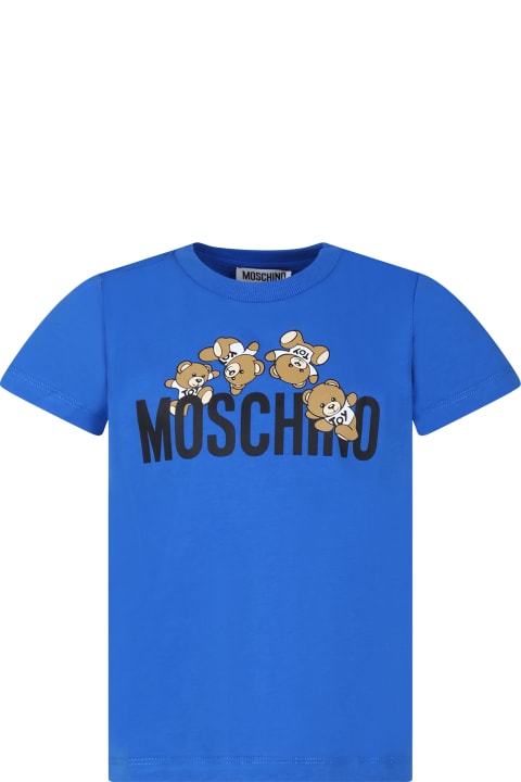 Fashion for Boys Moschino Blue T-shirt For Kids With Teddy Bears And Logo