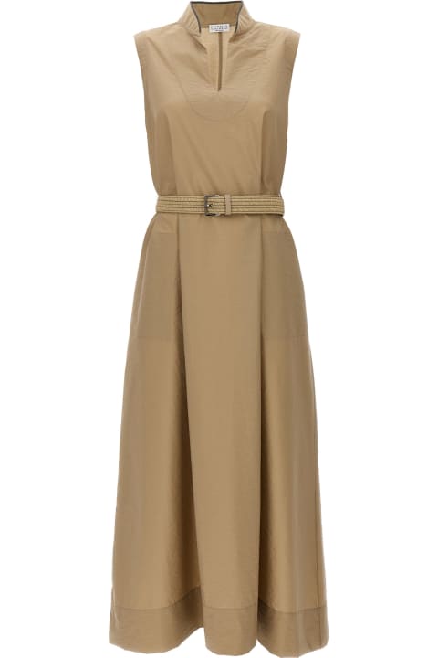 Fashion for Women Brunello Cucinelli Techno Cotton Poplin Dress With Belt And Precious Shoulder Detail