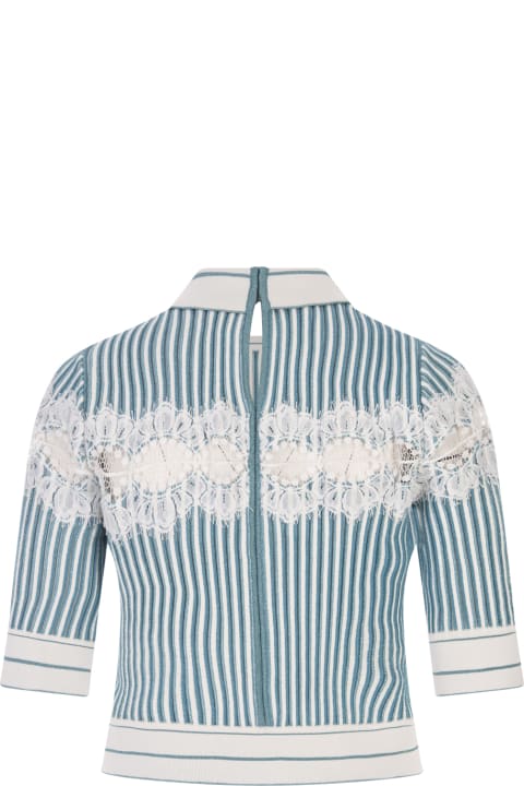 Elie Saab for Women Elie Saab Polo Shirt In White And Blue Gin Knit And Lace