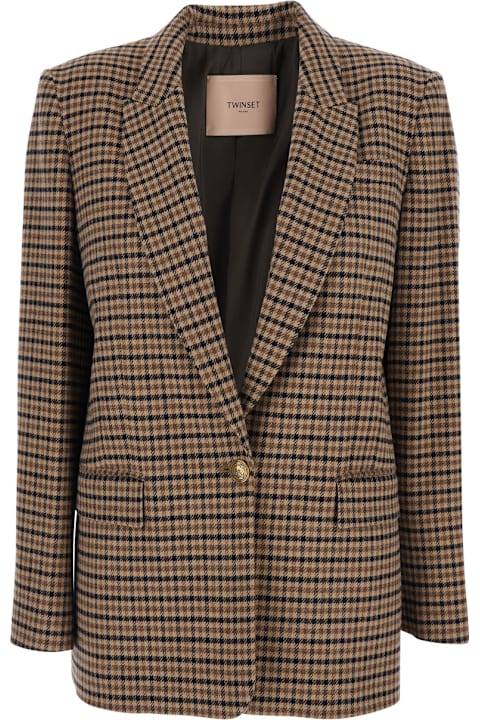 TwinSet for Kids TwinSet Beige Single-breasted Jacket With All-over Check Motif In Wool Blend Woman
