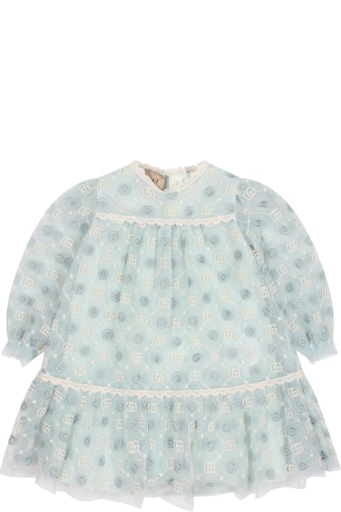Gucci for Kids Gucci Light Blue Dress For Baby Girl With Geometric Pattern And Double G