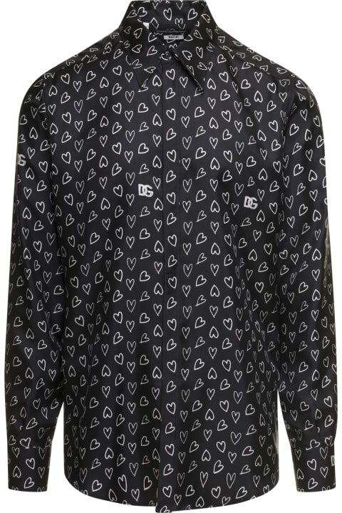 Black Shirt With All-over Dg Heart Print In Silk Man Dolce & Gabbana