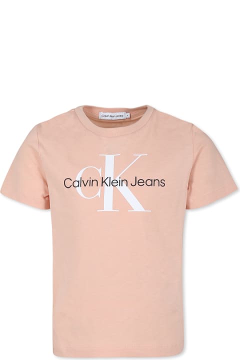 Calvin Klein قمصان بياقة دائرية وقمصان البولو لـ أولاد Calvin Klein Pink T-shirt For Kids With Logo