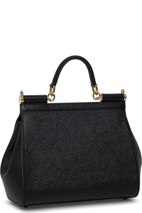 Dolce & Gabbana Woman's Sicily Medium Black Hammered Leather    Handbag With Logo