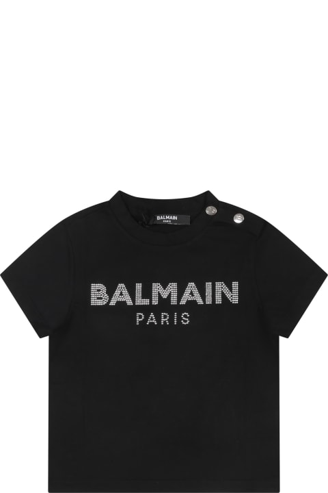 Sale for Kids Balmain Black T-shirt For Baby Girl With Logo And Rhinestone