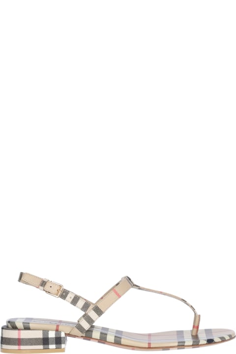 Burberry Women Burberry Beige Sandals With Vintage Check Motif And Short Heel In Canvas Woman