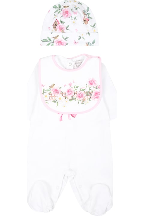 ベビーガールズ Monnalisaのボディスーツ＆セットアップ Monnalisa White Set For Baby Girl With Flowers Print
