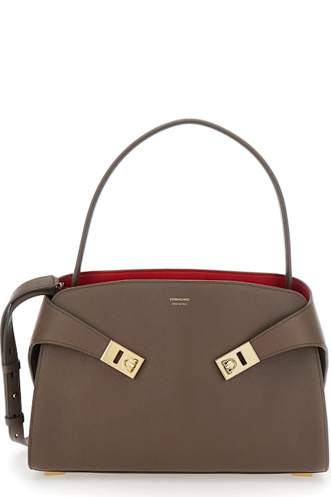 Homeware Ferragamo 'hug' Grey Shoulder Bag With Logo Printed On Front In Leather Woman