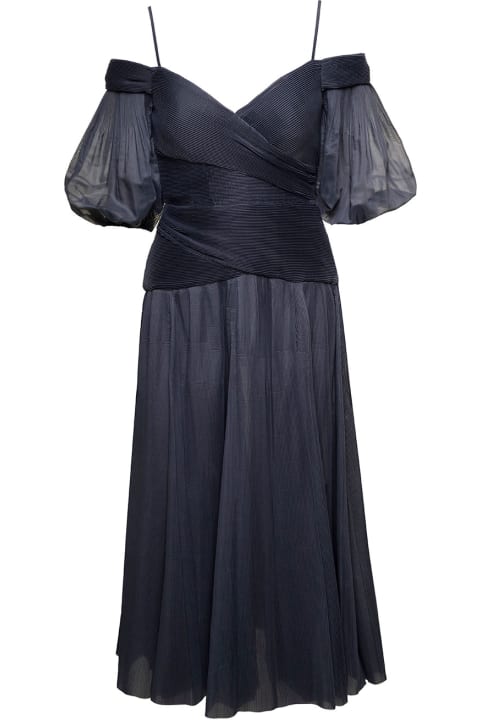 Zimmermann for Women Zimmermann Black Off-shoulder Pleated Midi Dress In Black Chiffon Woman