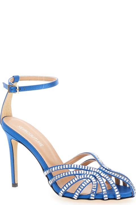ウィメンズ SEMICOUTUREのサンダル SEMICOUTURE Light Blue Sandals With Baguette Rhinestones In Satin Woman