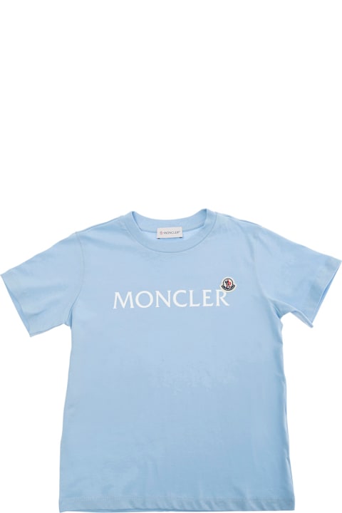 Homeware Moncler Light Blue T-shirt With Logo Lettering And Patch On The Front In Cotton Boy