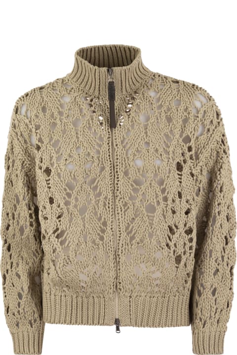 Brunello Cucinelli Sweaters for Women Brunello Cucinelli Soft Feather Cotton Lace Stitch Cardigan With Precious Zipper Pull