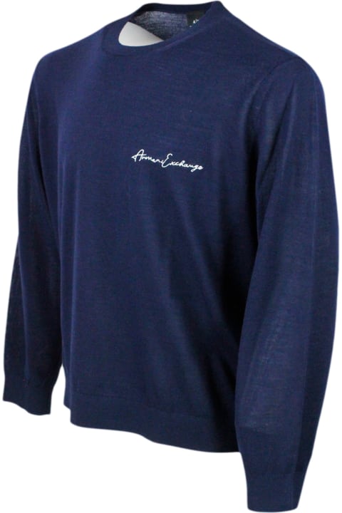 メンズ Armani Collezioniのフリース＆ラウンジウェア Armani Collezioni Lightweight Long-sleeved Crew-neck Sweater Made Of Wool Blend With Logo Writing On The Chest