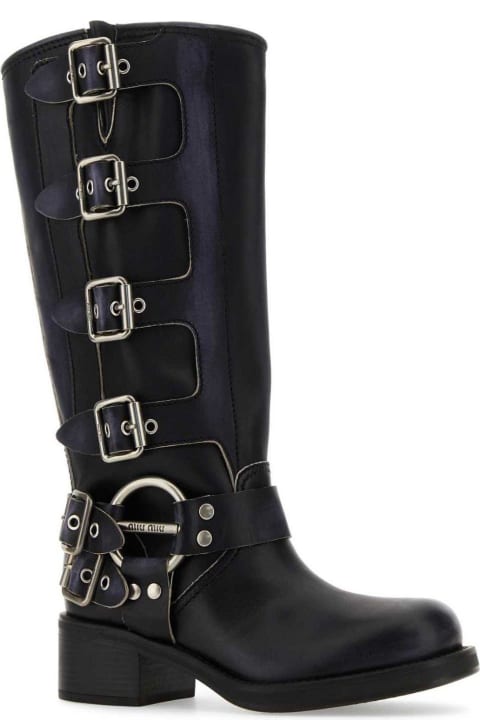 Boots for Women Miu Miu Buckle-detailed Round Toe Boots