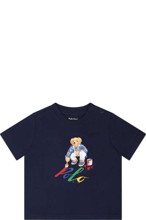 ベビーガールズ Ralph LaurenのTシャツ＆ポロシャツ Ralph Lauren Blue T-shirt For Baby Boy With Polo Bear